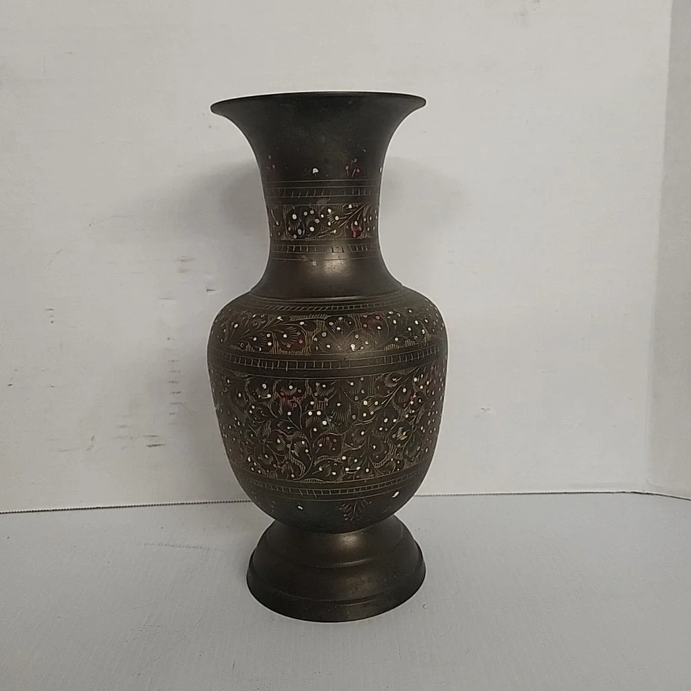 Vintage Brass Etched and Painted Vase Floral India Home Decor 12 Inch